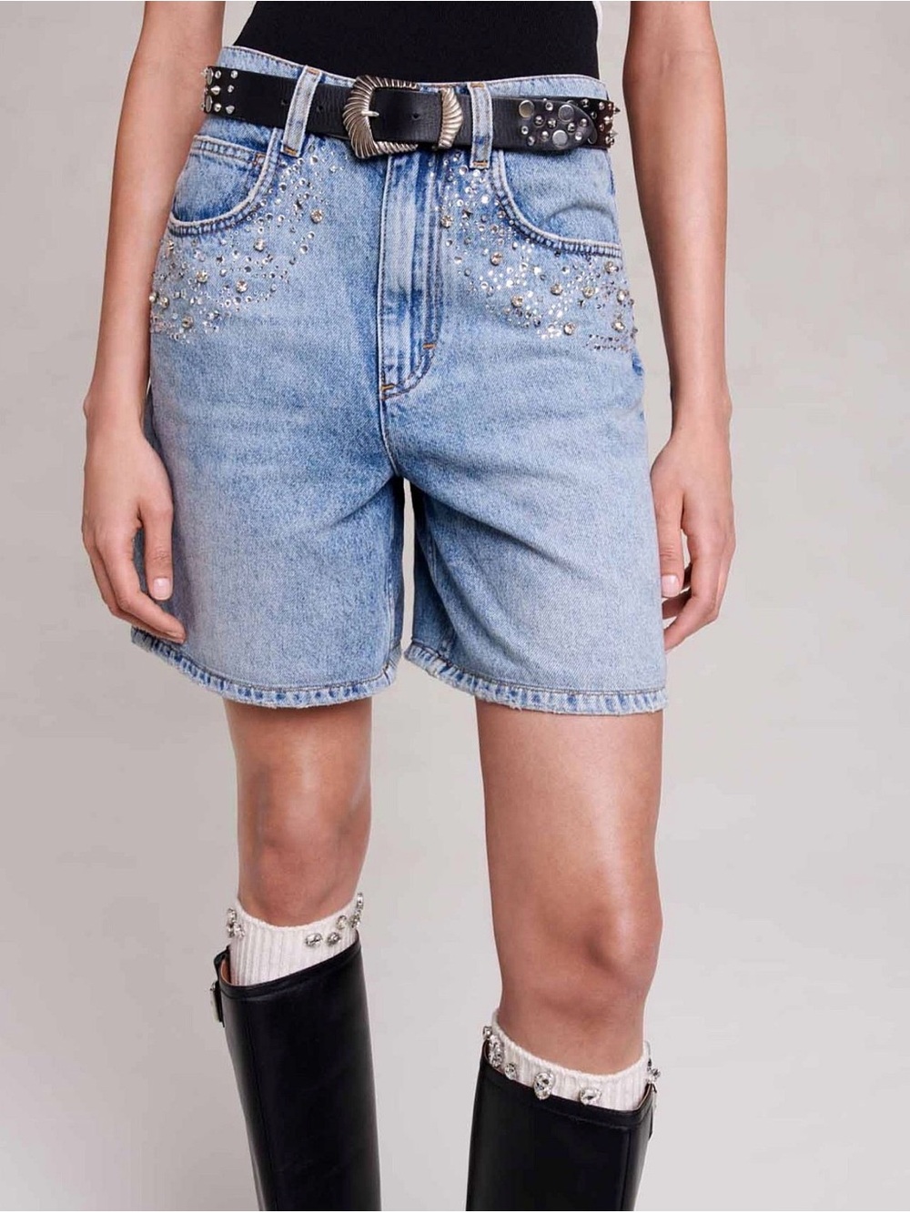 Maje Paris Rhinestone Denim Shorts Light Wash Crystal Studded